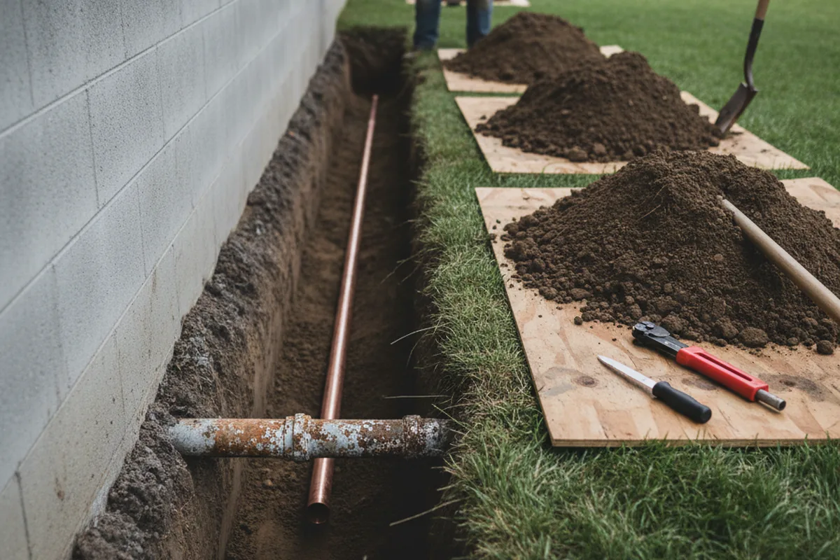 Excavated water line trench during Sewer Line Repair in Pacific